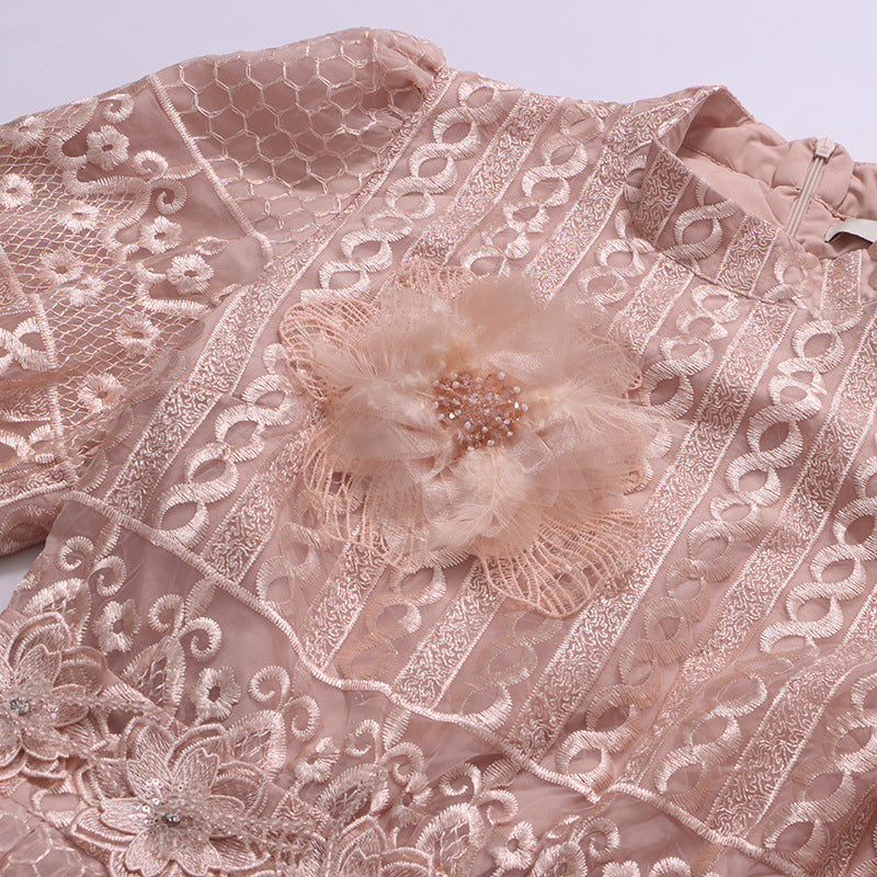 Ivah Romantic Blush Pink Floral Lace Midi Dress - Elegant Long Sleeve