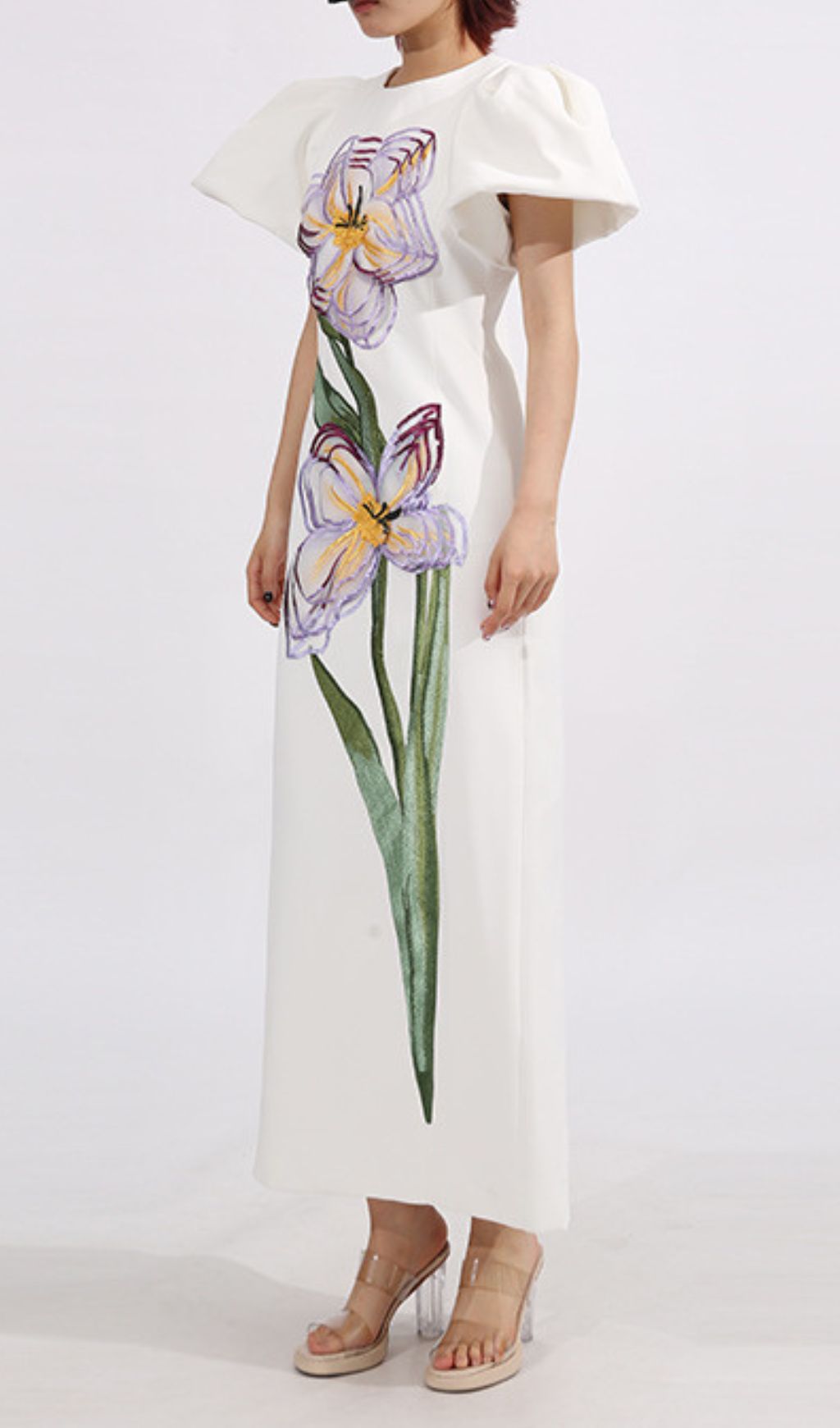 Eadoin White Flower Puff Sleeve Maxi Dress