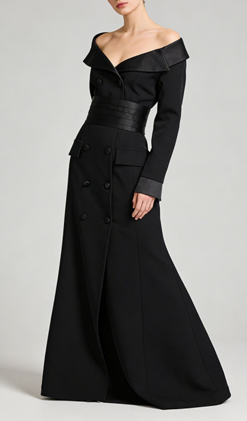 Kazi Black Off-Shoulder Blazer Maxi Dress - Elegant Tailored Gown for Women
