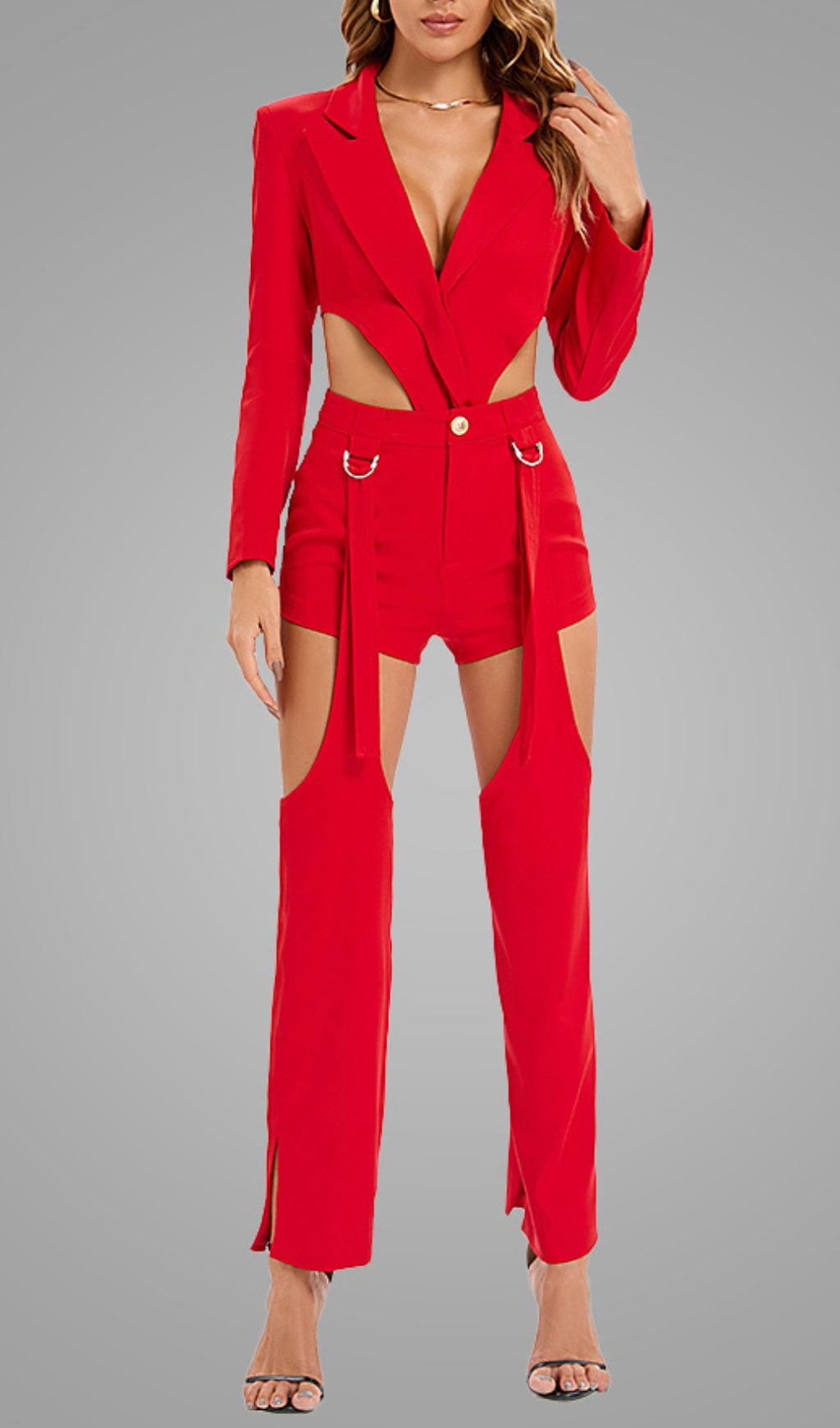 Cutout Backless Three Piece Set In Red