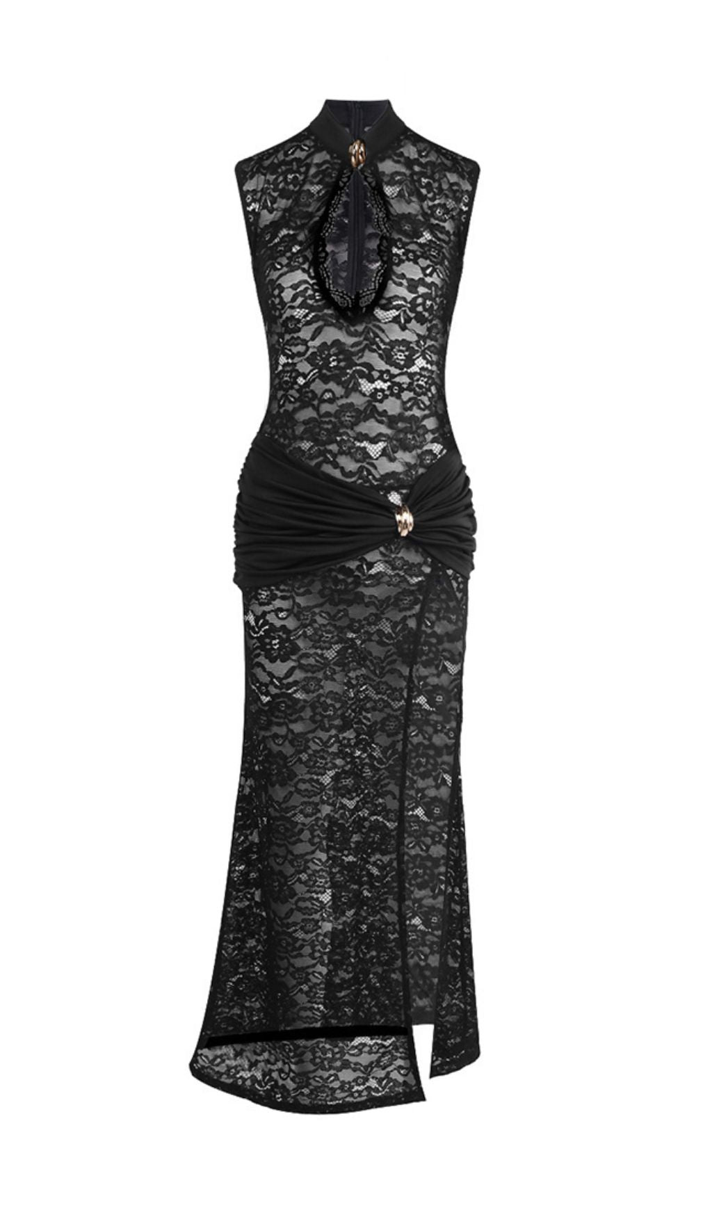 Ivana Black Lace Maxi Gown | Sleeveless, High Slit & Keyhole Neckline