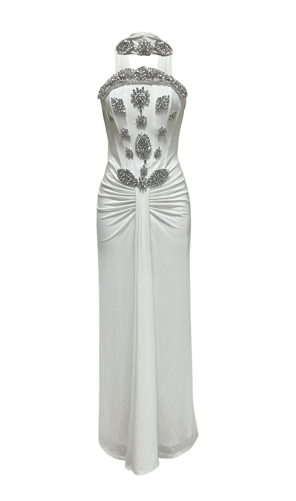 Kestrel White Diamante Ruched Maxi Gown - Elegant Evening & Gala Dress