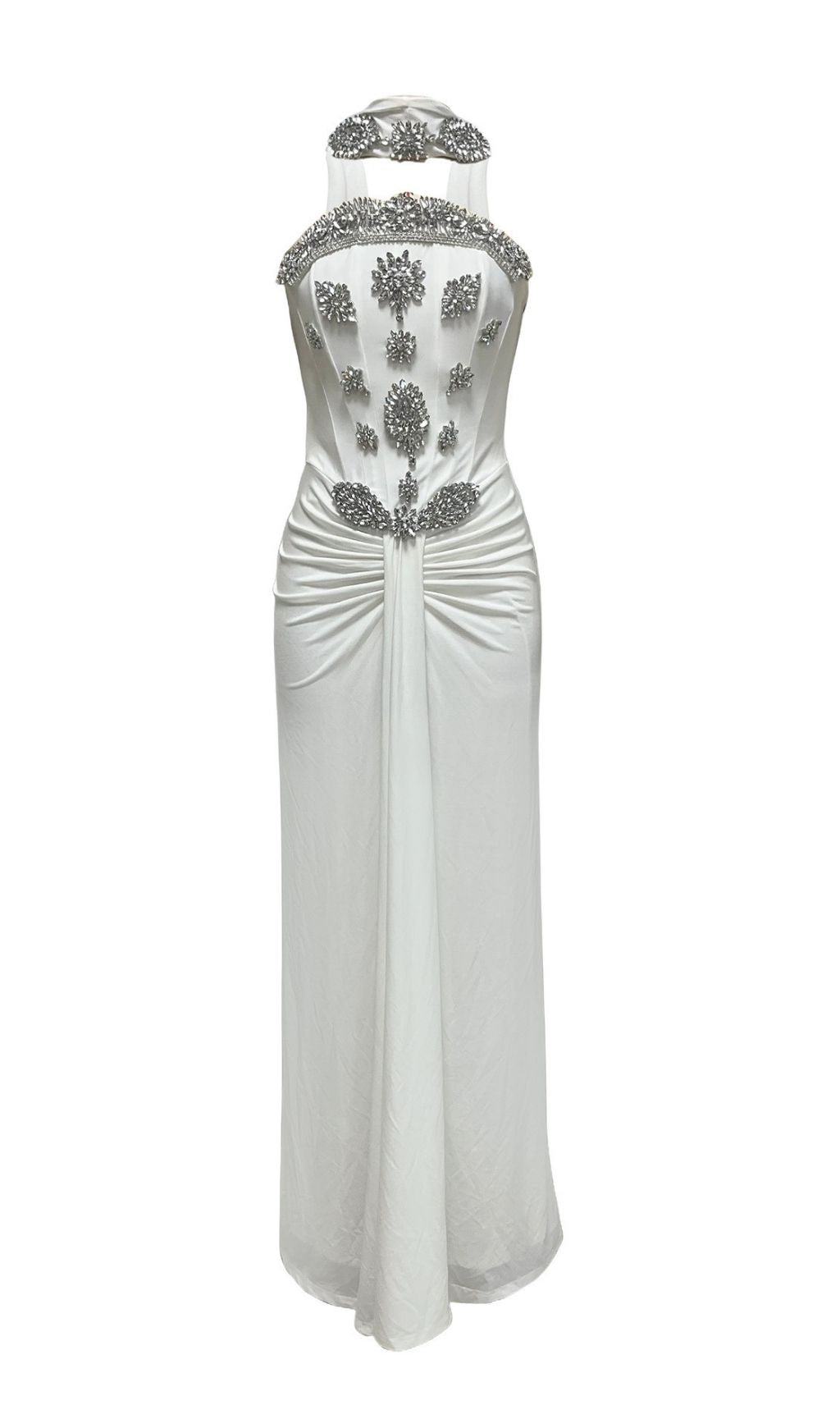 Kestrel White Diamante Ruched Maxi Gown - Elegant Evening & Gala Dress