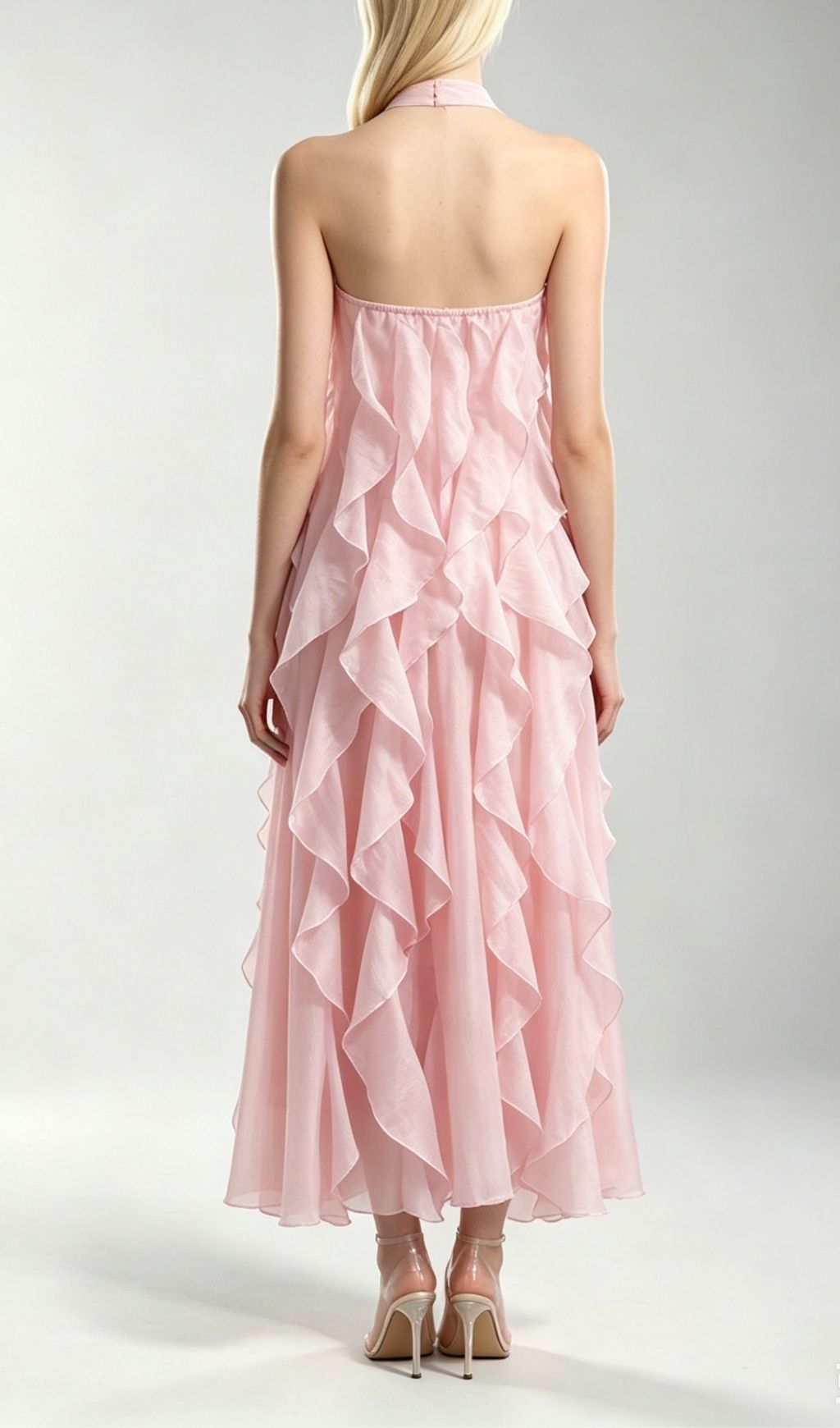 Kora Pink Halter Ruffle Maxi Dress
