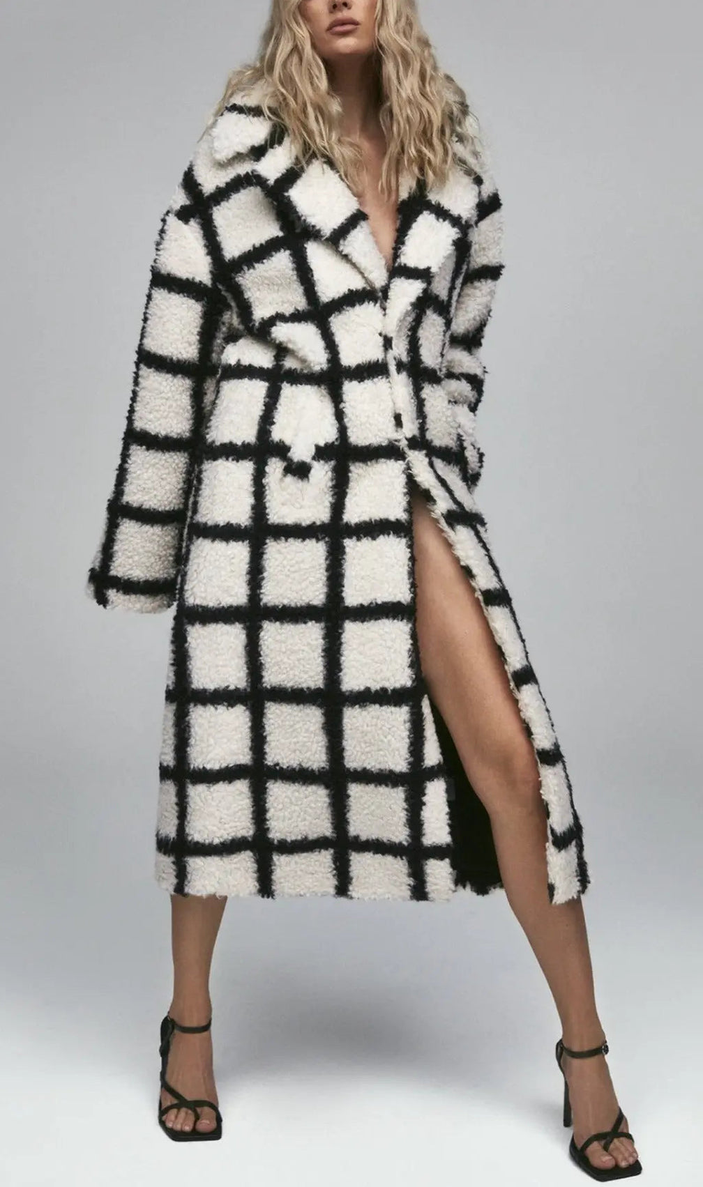 Nina Faux Fur Check Coat Cream And Black