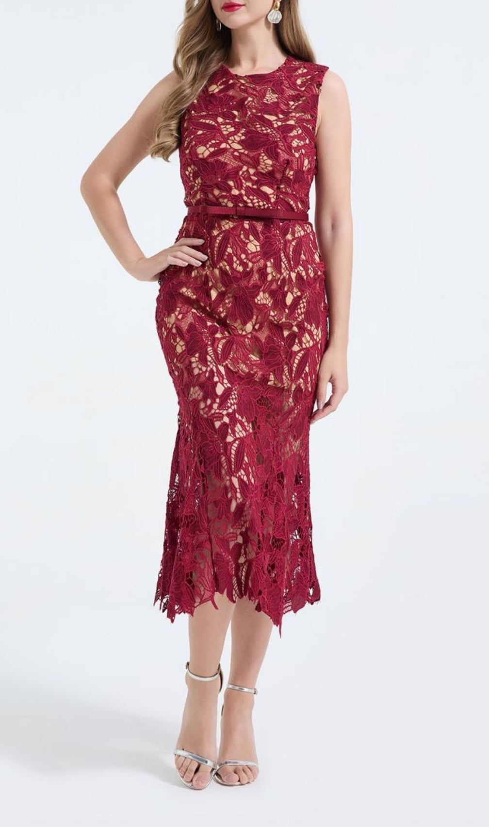 Mirexen Red Floral Cutout Midi Dress