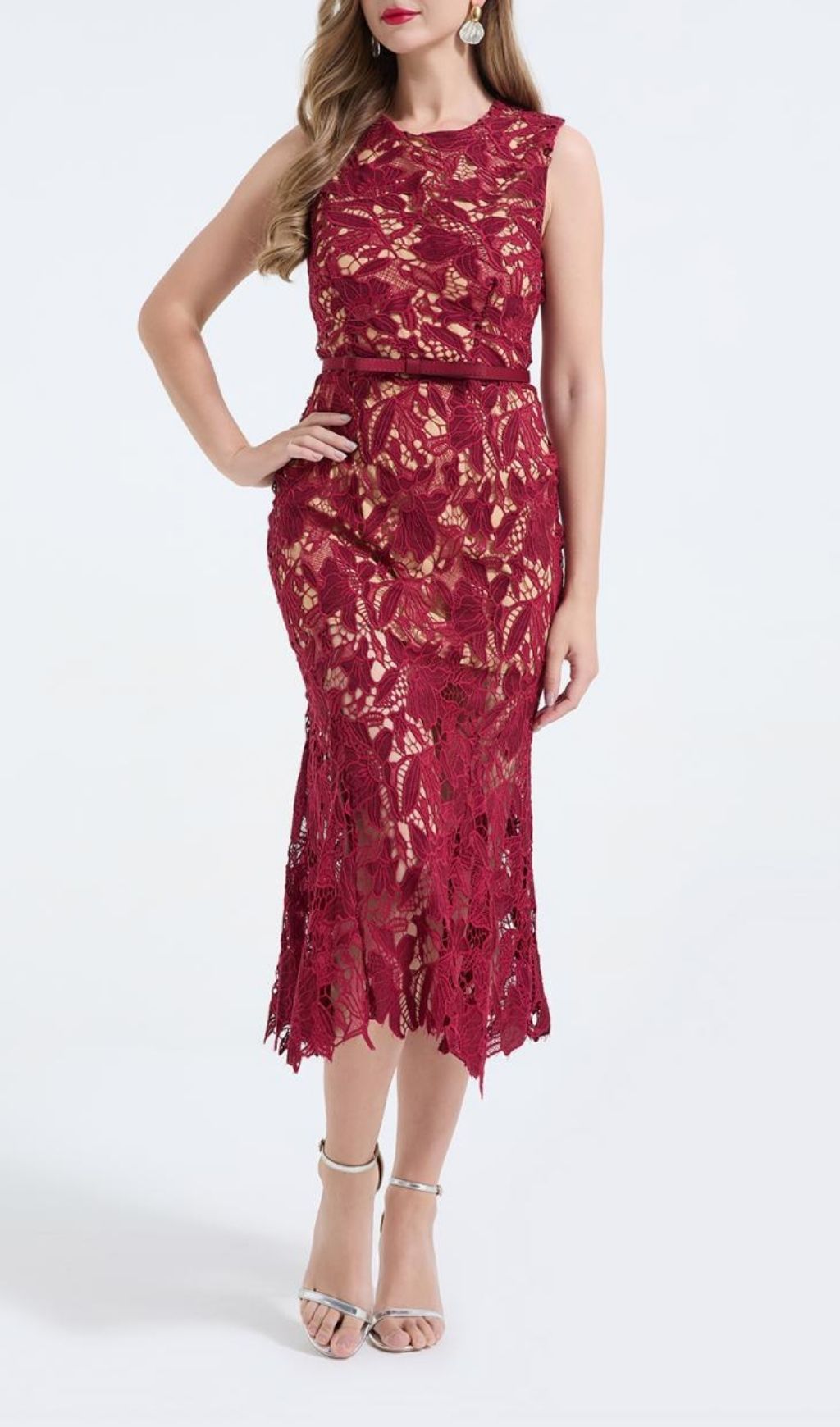 Mirexen Red Floral Cutout Midi Dress