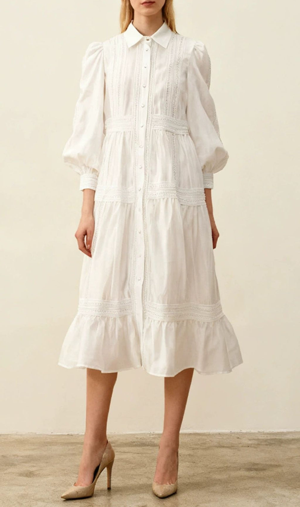 Izumi Sky Blue Lace Tiered Midi Shirtdress | Elegant Long Sleeve Dress for Women