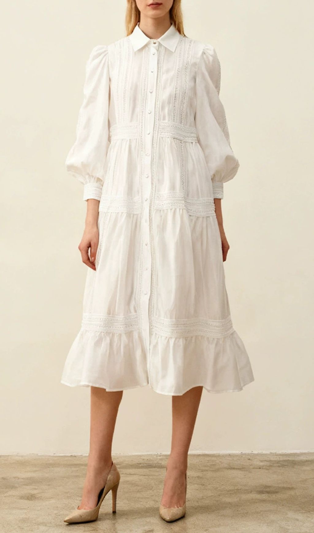 Izumi Sky Blue Lace Tiered Midi Shirtdress | Elegant Long Sleeve Dress for Women