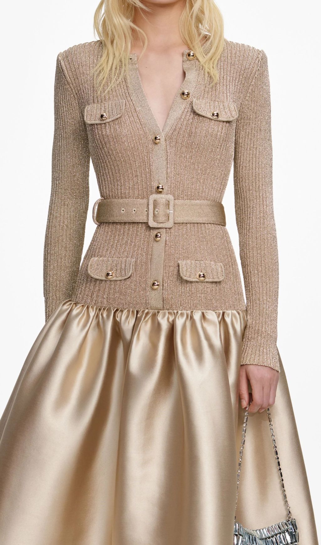 Glamorous Jetje Gold Shimmer Knit & Satin Belted Midi Dress