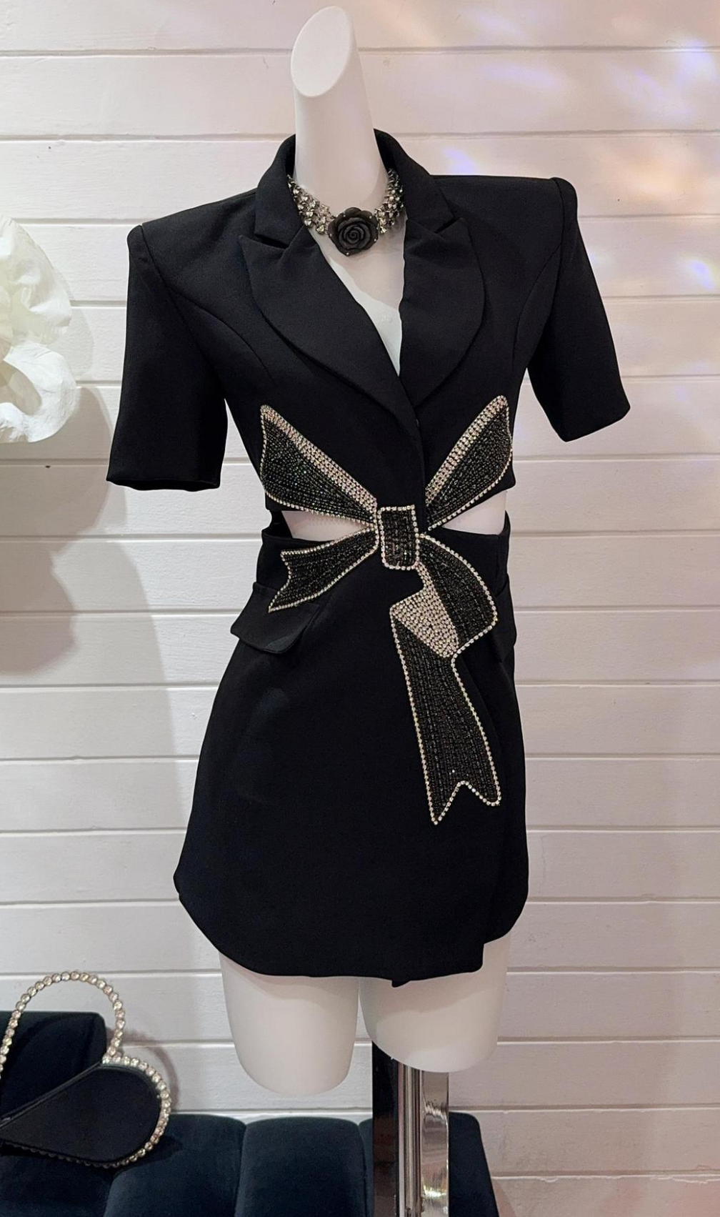 Farida Black Diamante Bow Mini Blazer Dress