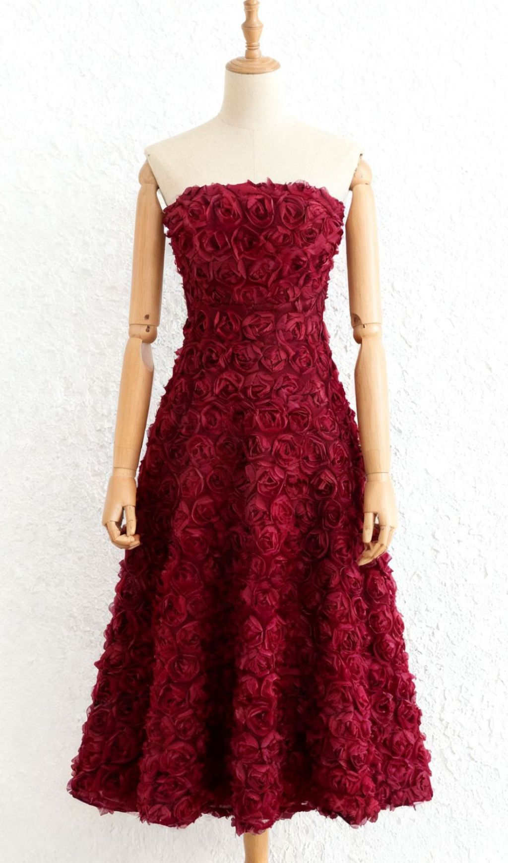 Ikuyo Wine Strapless Rose Midi Dress - Elegant Floral Cocktail & Party Dress