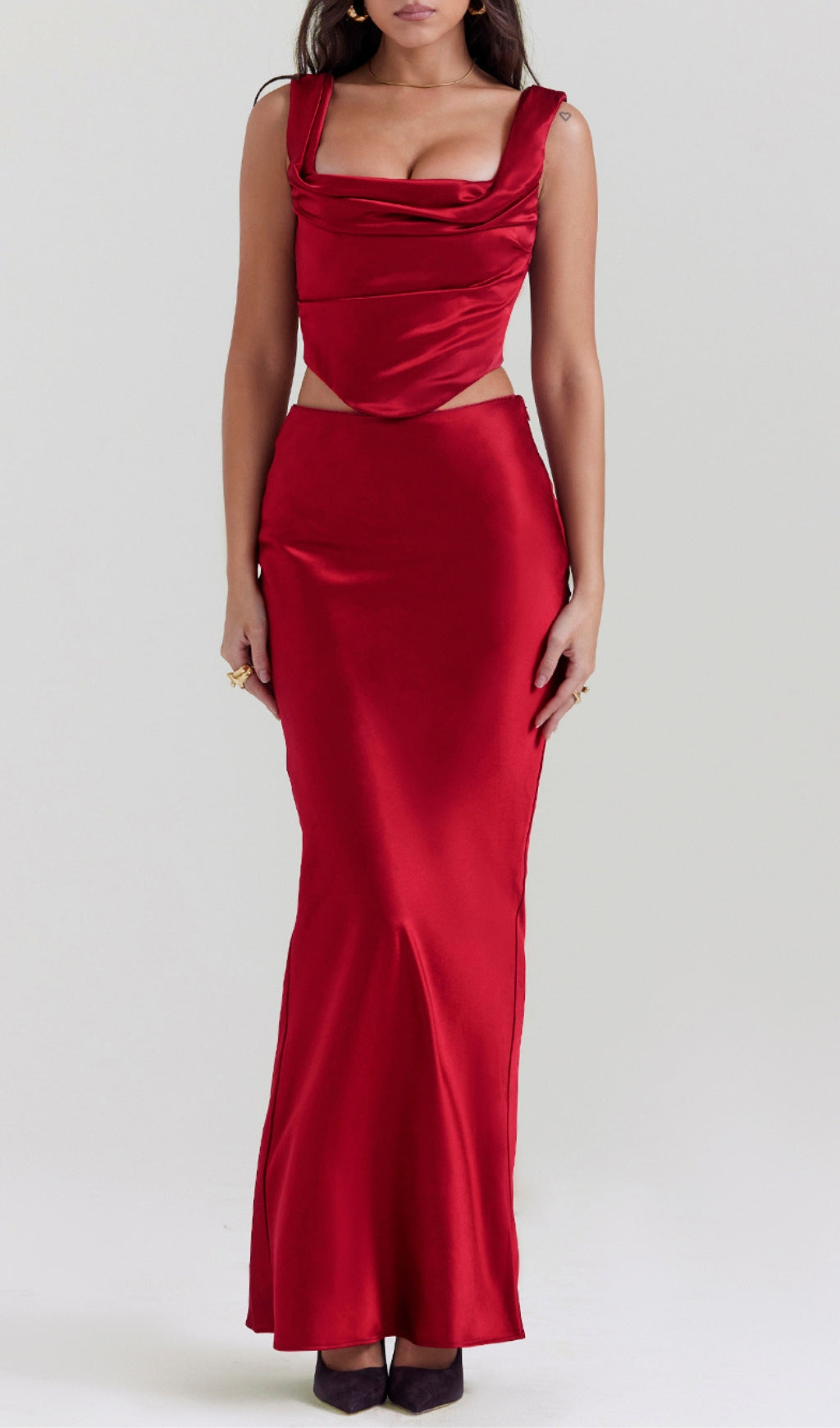 Satin Ruched Two Pieces Set In Red