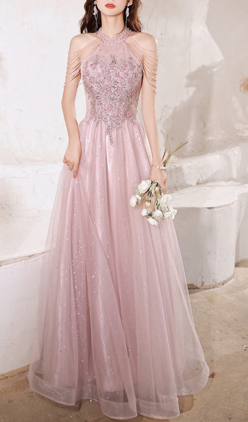 Cleon Halter Flower Sequin Maxi Dress