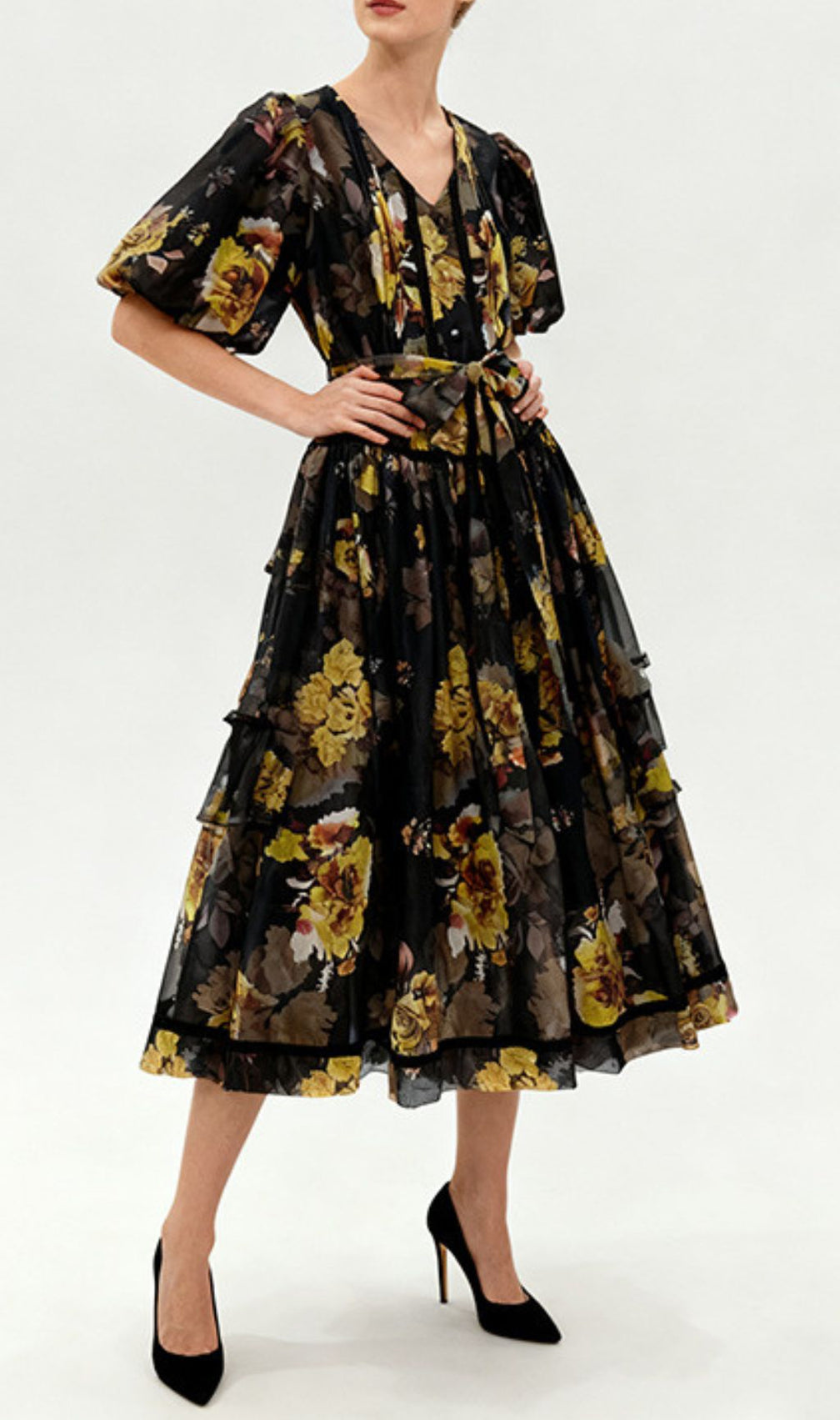 Indah Vibrant Floral Puff-Sleeve Midi Dress – Green & Black Print