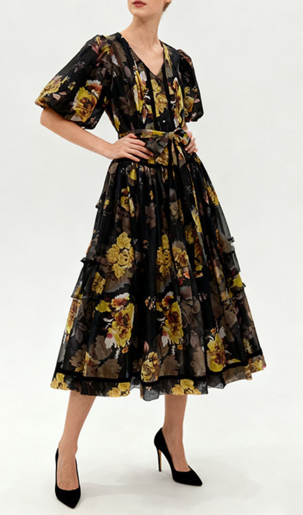 Indah Vibrant Floral Puff-Sleeve Midi Dress – Green & Black Print