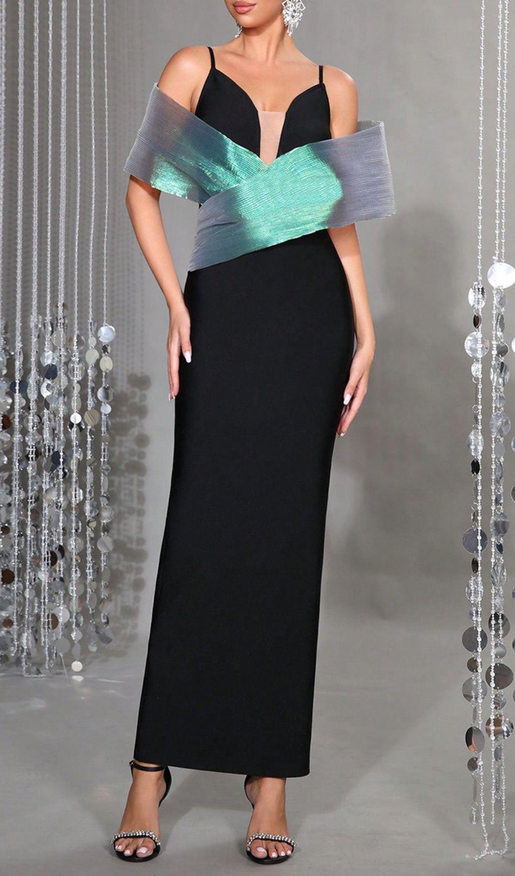 Confidence-Boosting Iridescent Cross-Shoulder Bandage Maxi Gown