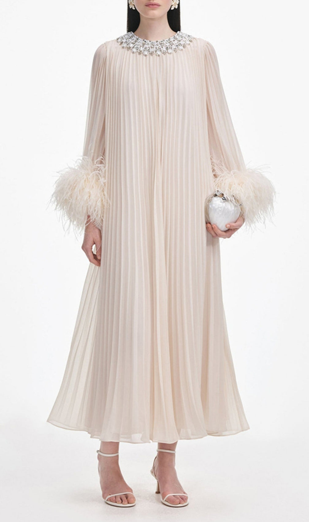 Felipe Embellished Feather Pleated Maxi Dress