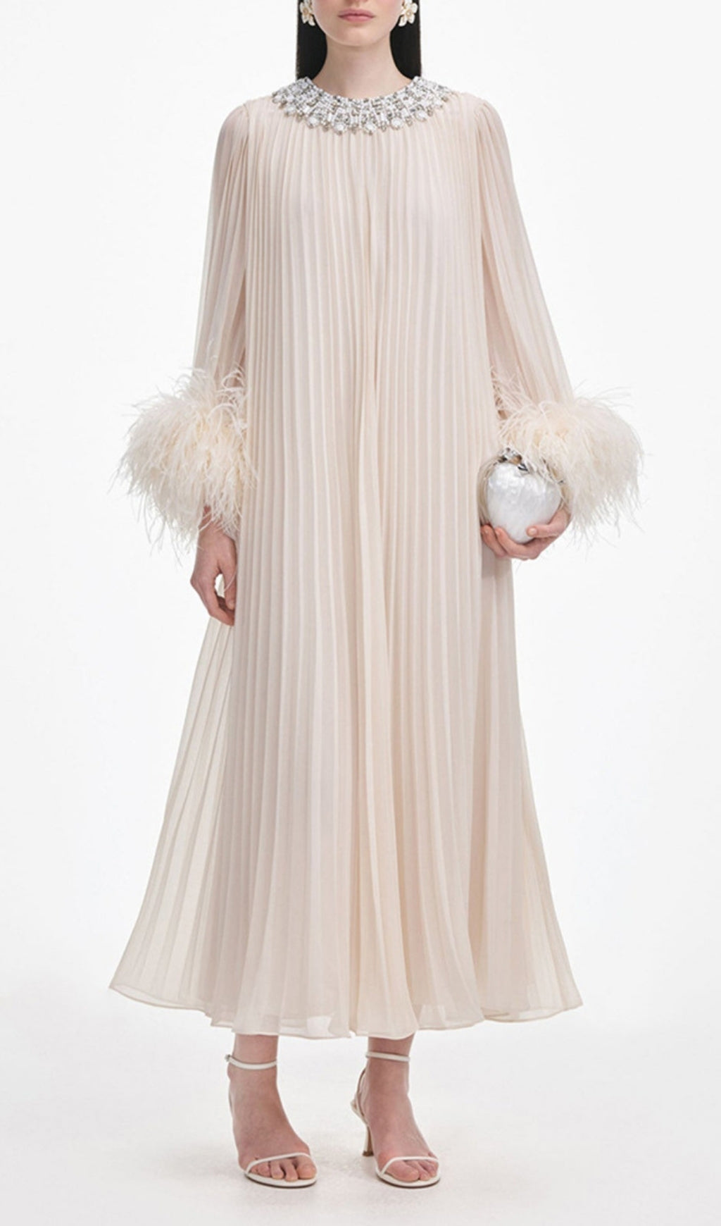 Felipe Embellished Feather Pleated Maxi Dress