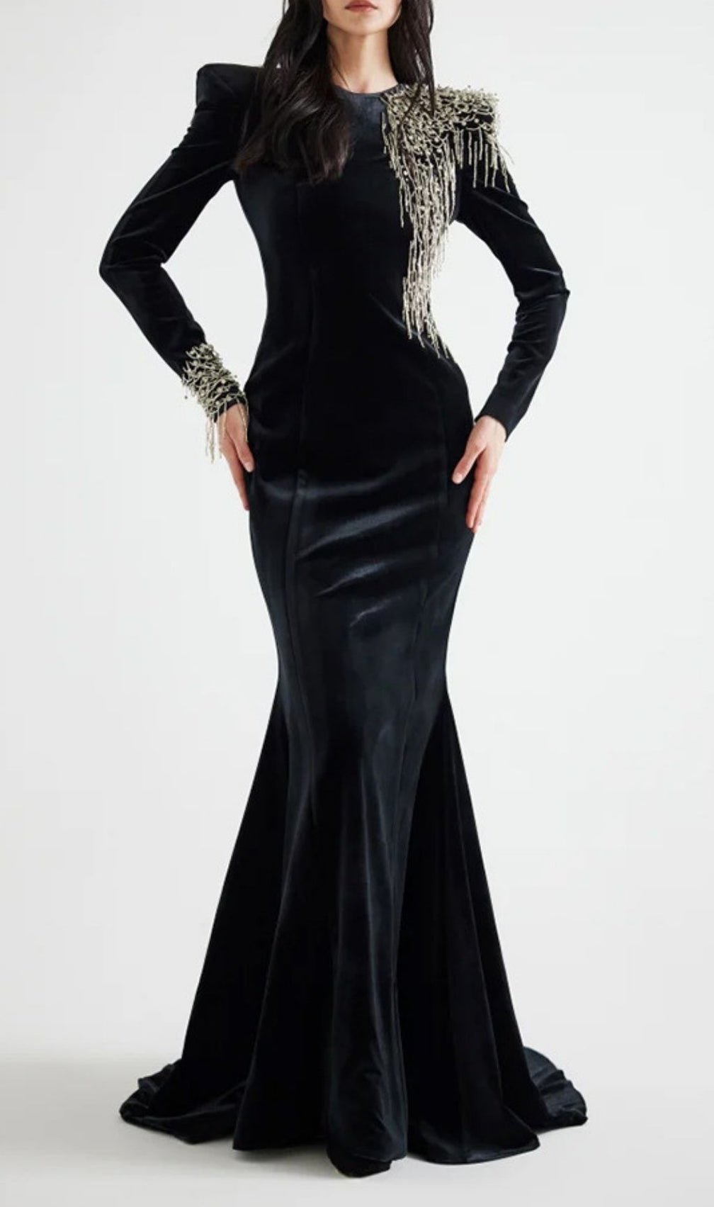 Jovia Black Velvet Beaded Maxi Gown | Long Sleeve Gala & Red Carpet Dress