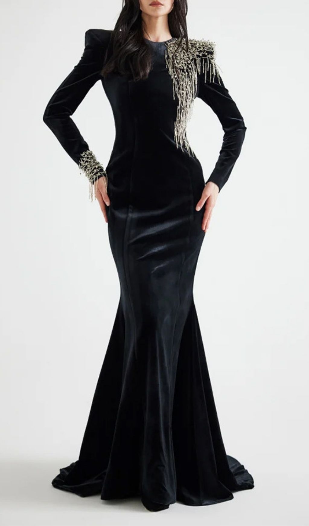 Jovia Black Velvet Beaded Maxi Gown | Long Sleeve Gala & Red Carpet Dress