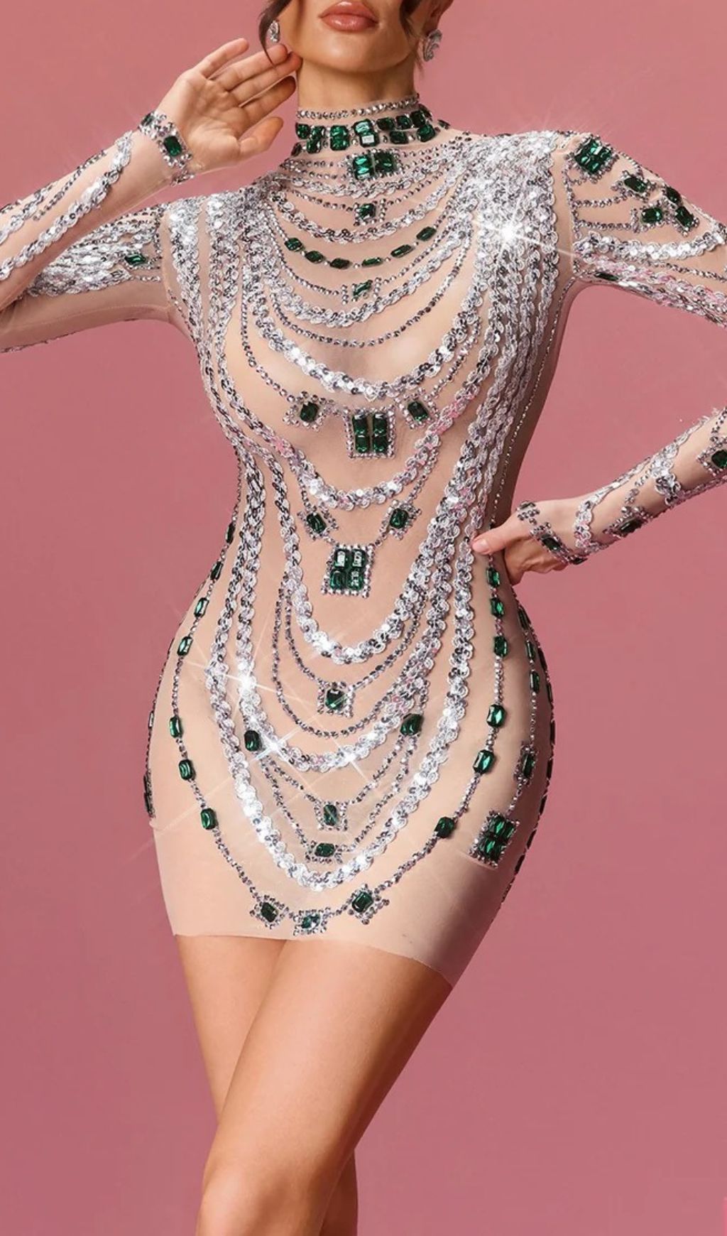 Bruxira Dazzling Emerald & Crystal Illusion Mini Dress