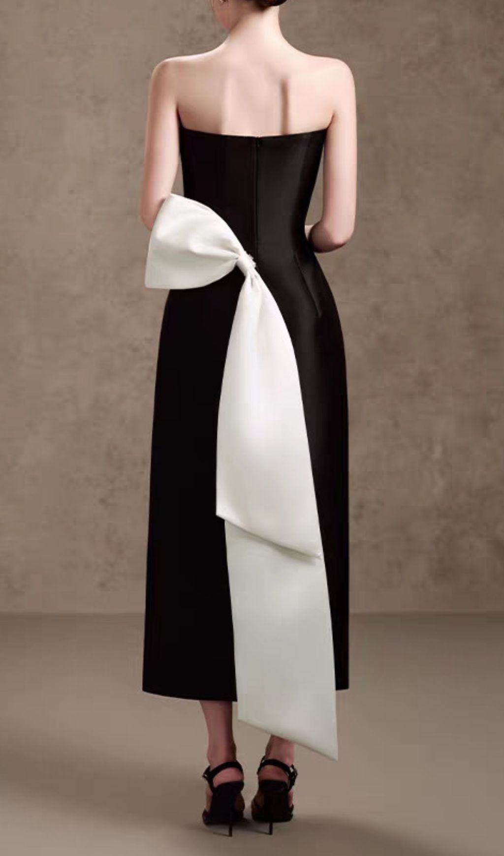 Hamlet Black Strapless Midi Dress | Elegant Contrast Twist-Bow Bodice