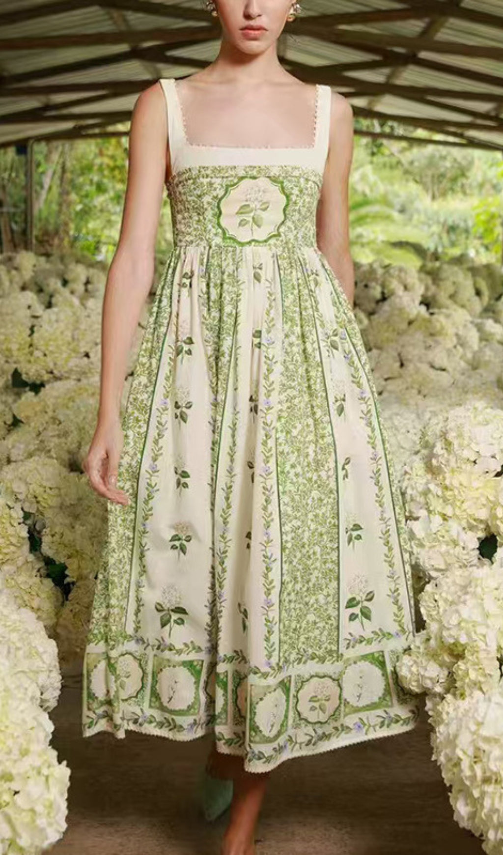 Eleazar Green Flower Printed Midi Dress