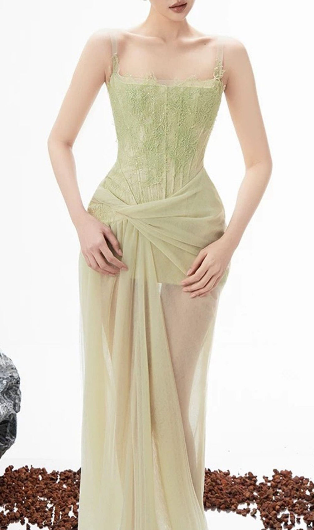 Karena Glamorous Sage Green Lace Corset Maxi Gown with Sheer Slit