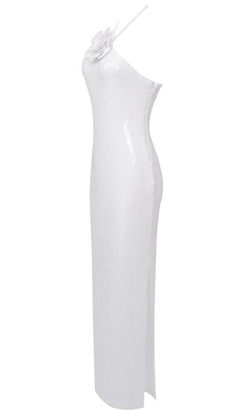Anila White Sequin Rosette Halter Maxi Dress - Glamorous & Show-Stopping