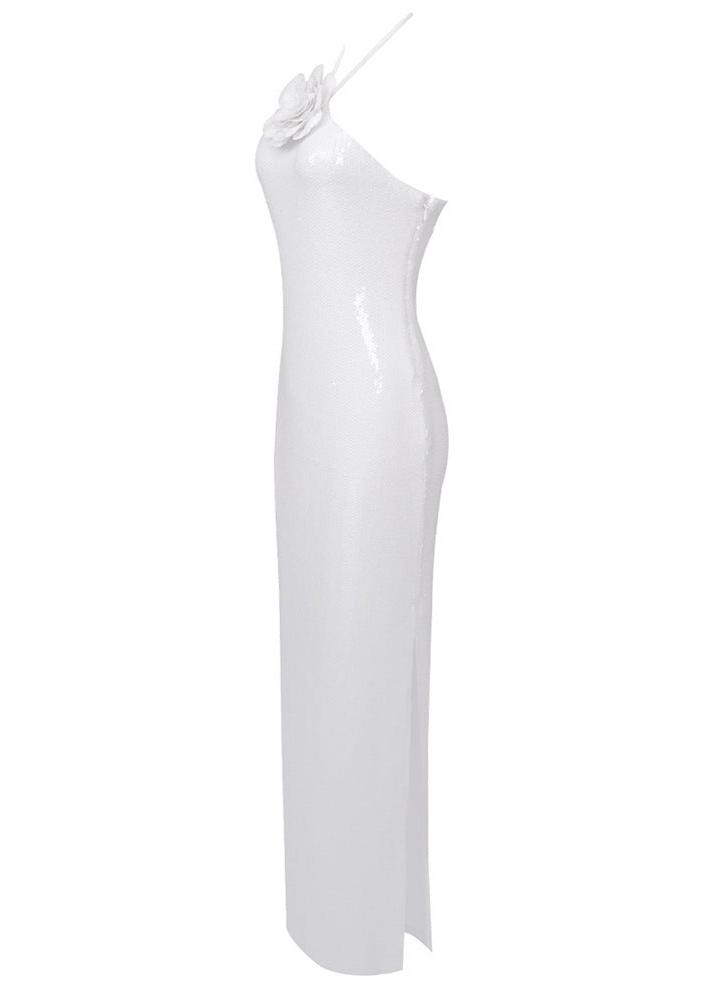 Anila White Sequin Rosette Halter Maxi Dress - Glamorous & Show-Stopping