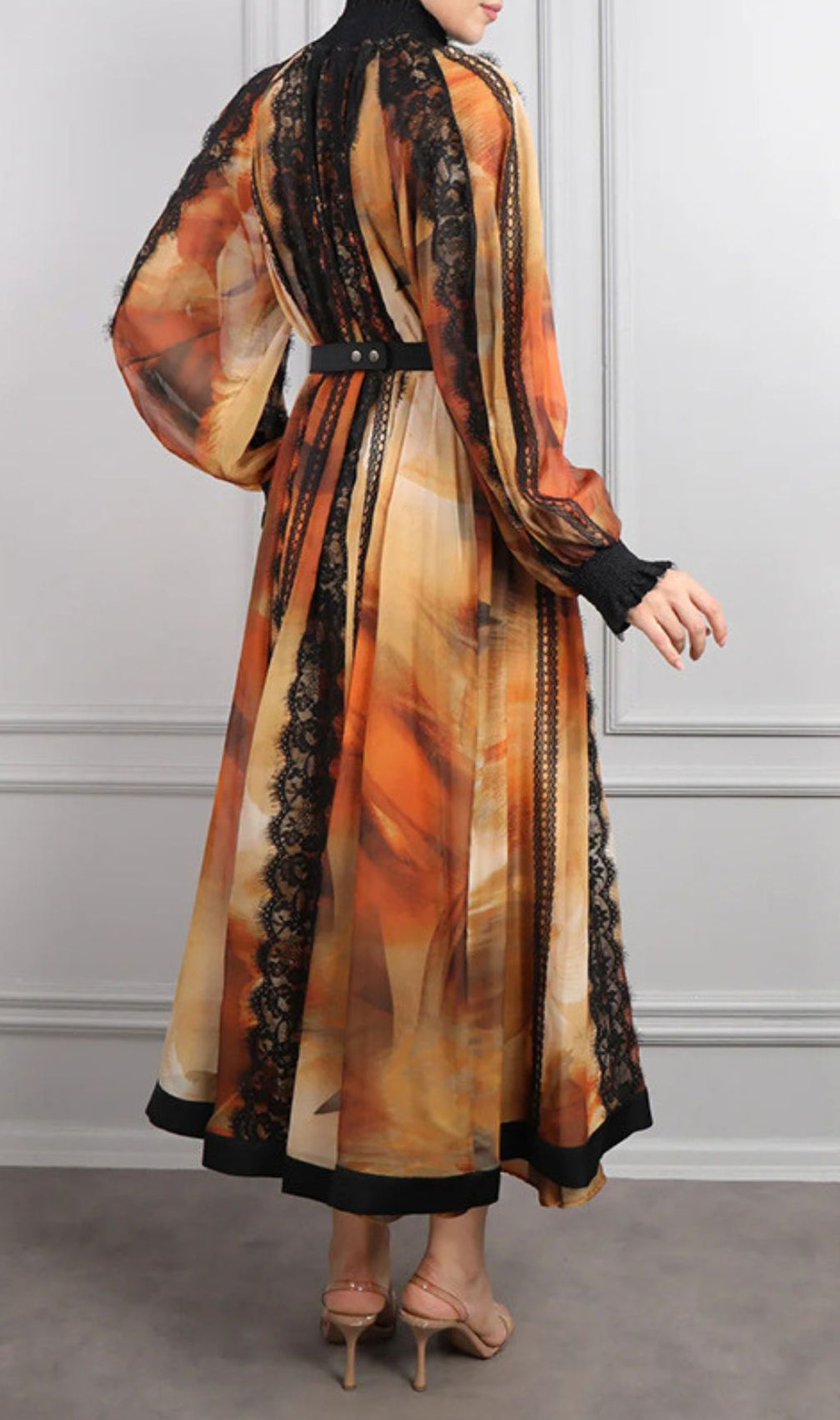 Elegant Imari Lace & Print Midi Dress | Romantic Long Sleeve Women's Gown
