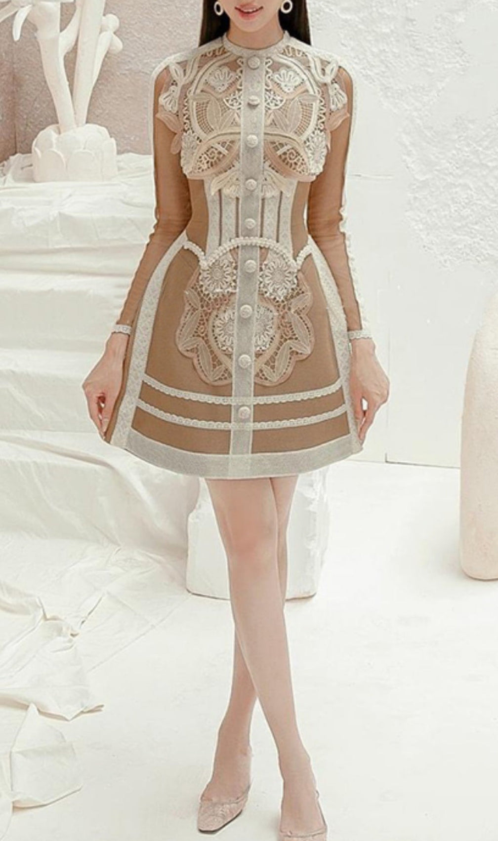 Asif Paneled Button-Up Lace Dress