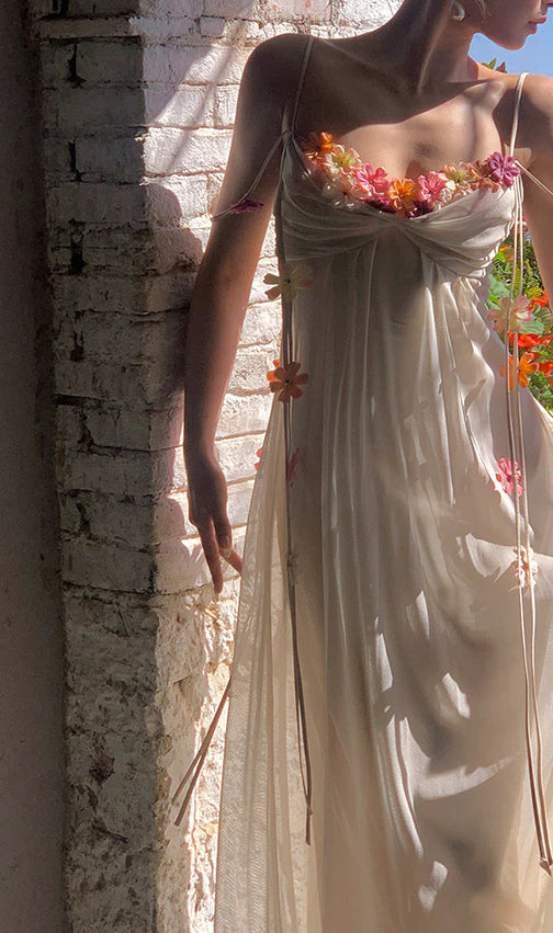 Farah Dreamy Ivory Floral Chiffon Maxi Dress - Romantic Open Back Gown