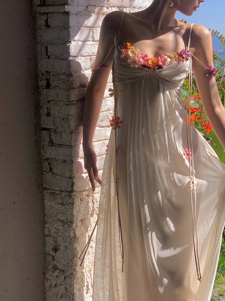Farah Dreamy Ivory Floral Chiffon Maxi Dress - Romantic Open Back Gown