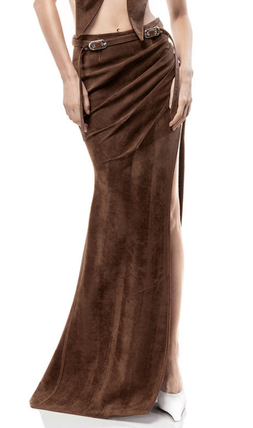 Giovana Brown Ruched Slit Maxi Skirt