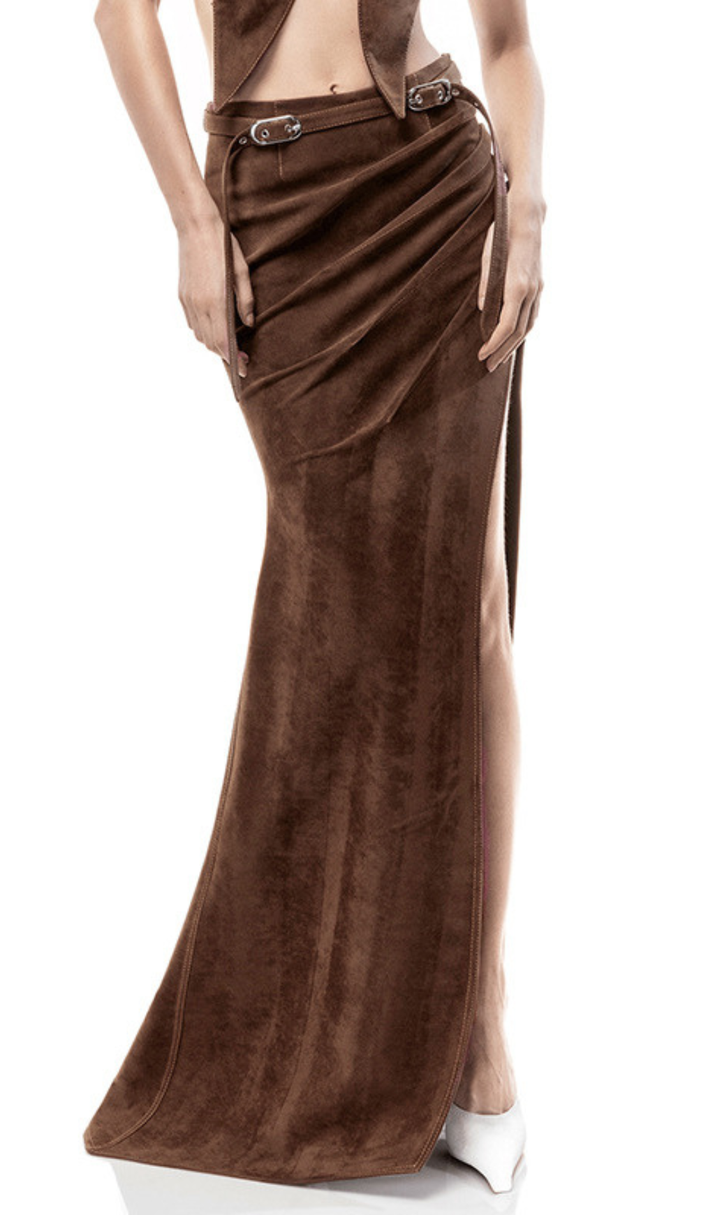 Giovana Brown Ruched Slit Maxi Skirt