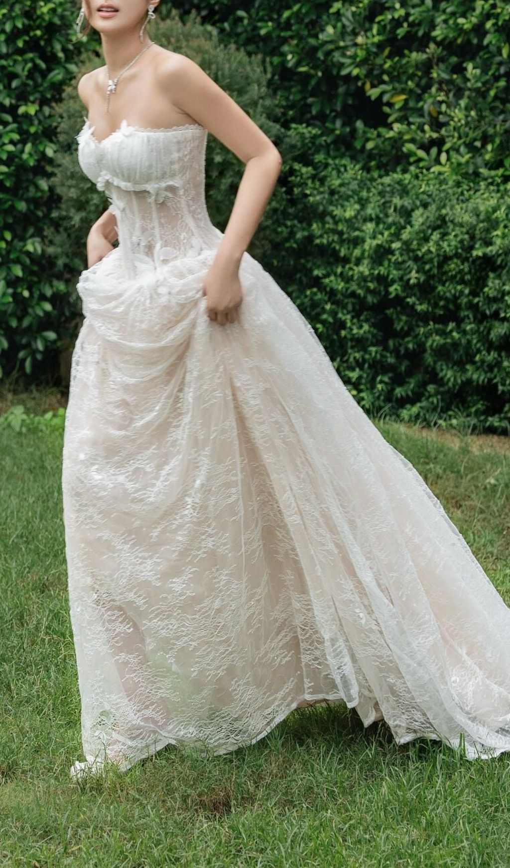 Keilani Elegant White Strapless Lace Maxi Dress | Butterfly Applique Bridal Gown