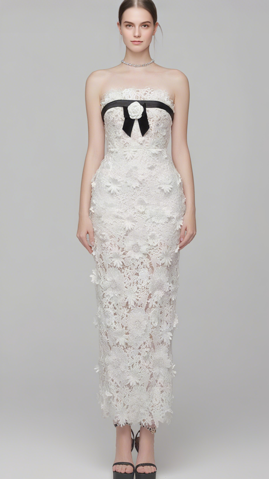 Strapless Flower Embroidery Maxi Dress In White