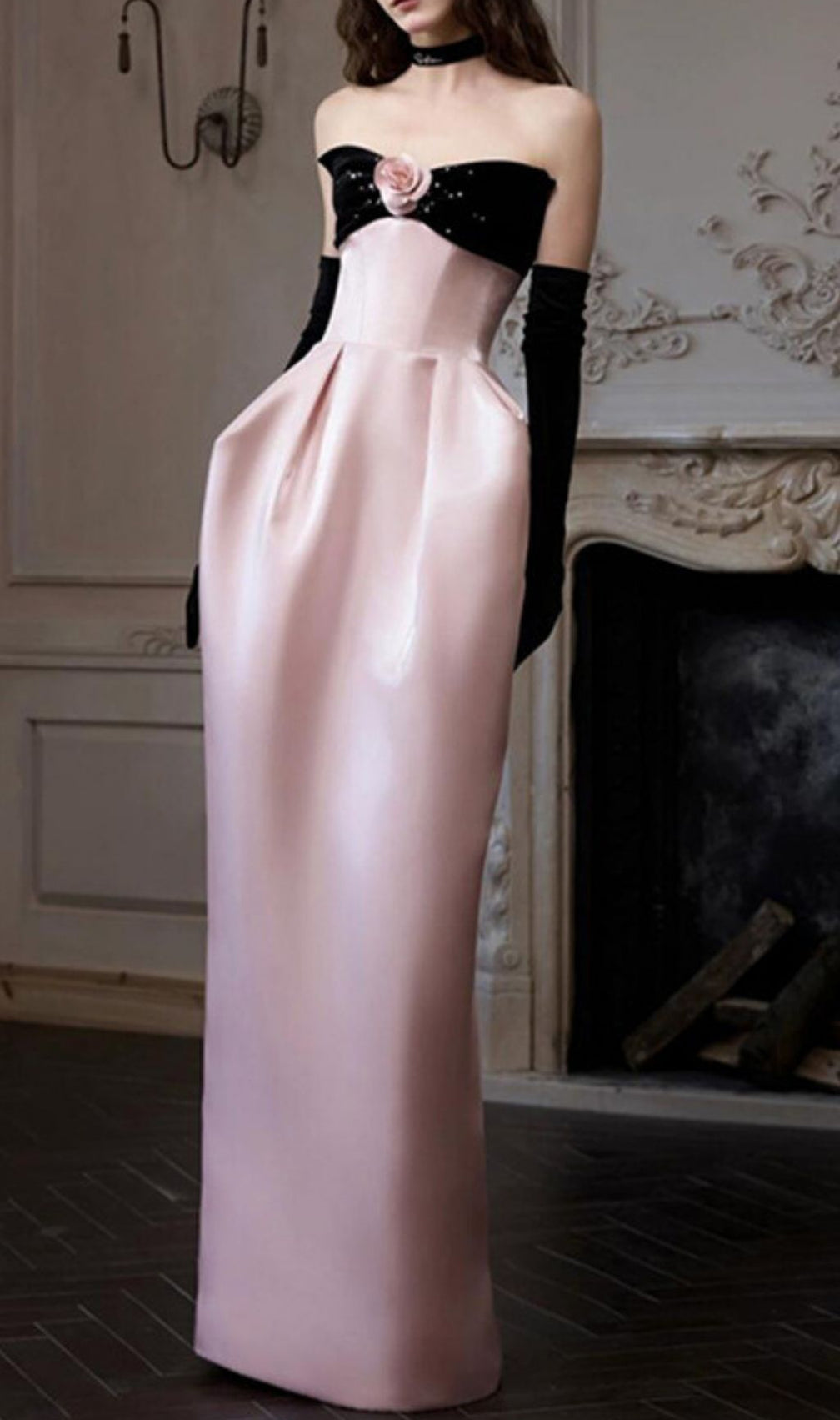Karley Elegance: Blush Pink Strapless Maxi Gown with Black Bodice & 3D Rose
