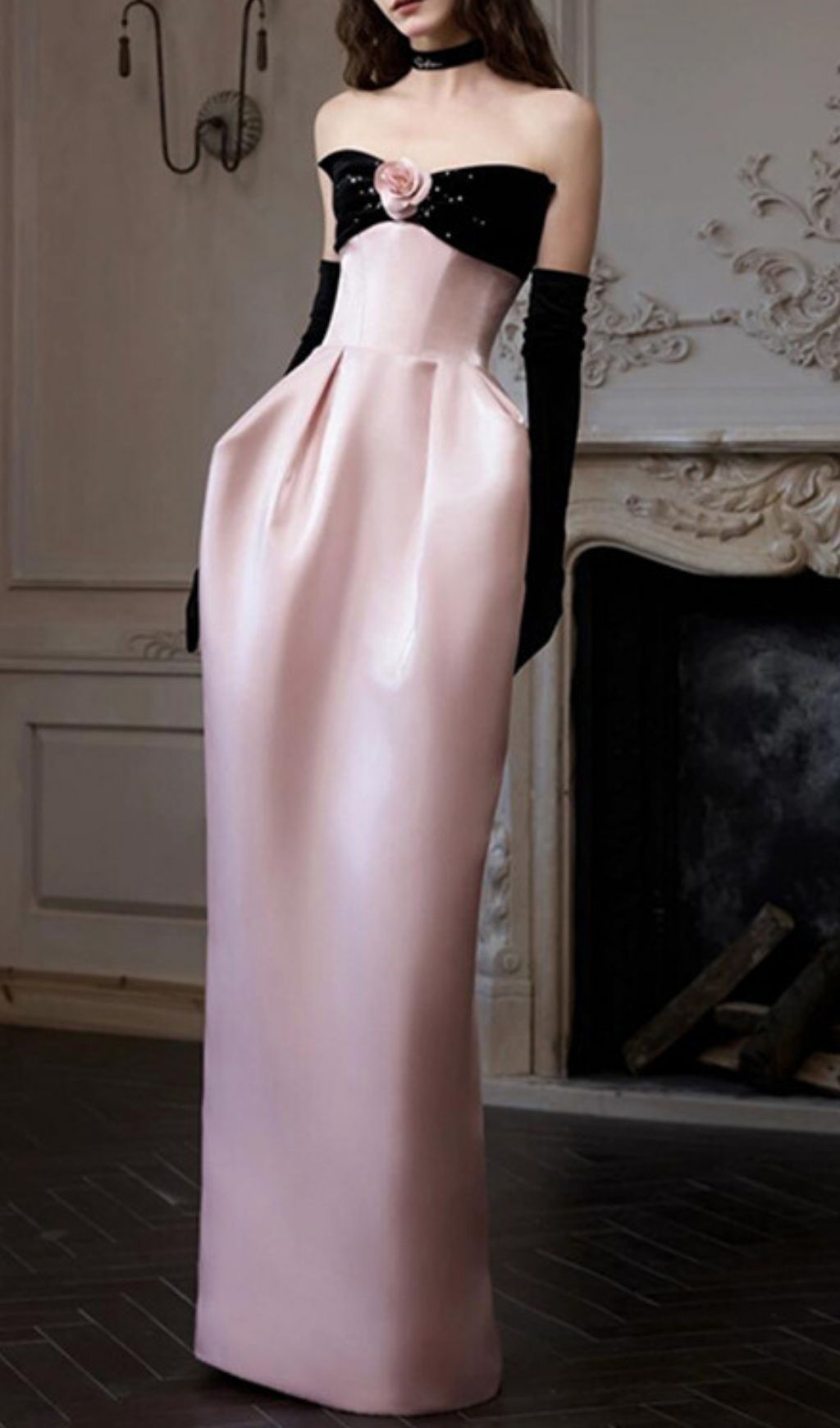 Karley Elegance: Blush Pink Strapless Maxi Gown with Black Bodice & 3D Rose