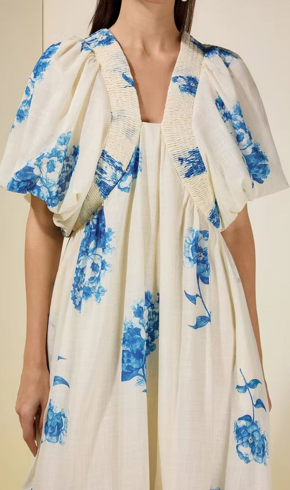 Susie Print Smocking Puff Sleeve Midi Dress - Blue