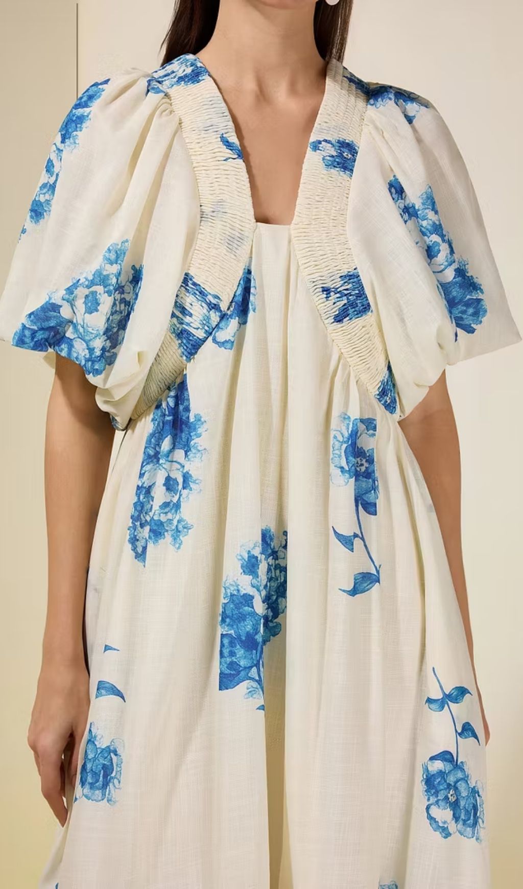 Susie Print Smocking Puff Sleeve Midi Dress - Blue