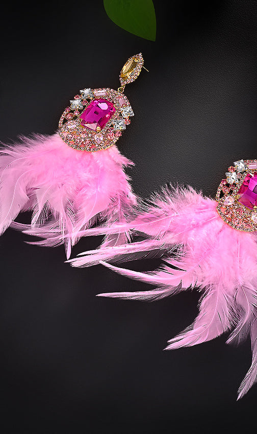 Kaelynn Dazzling Pink Feather & Crystal Statement Earrings for Women