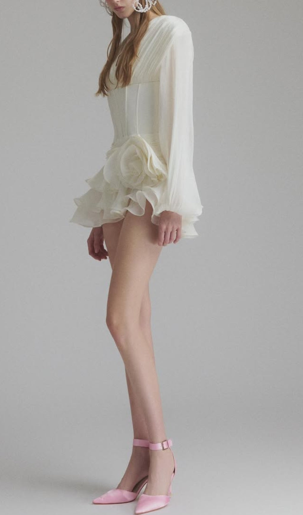 Darion White Corset Flower Long Sleeve Mini Dress