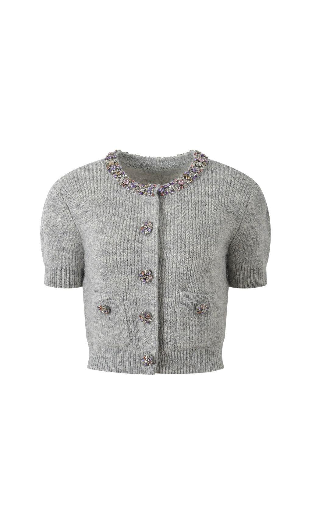 Henrike Luxe Grey Embellished Knit Top - Sparkling Short Sleeve Style