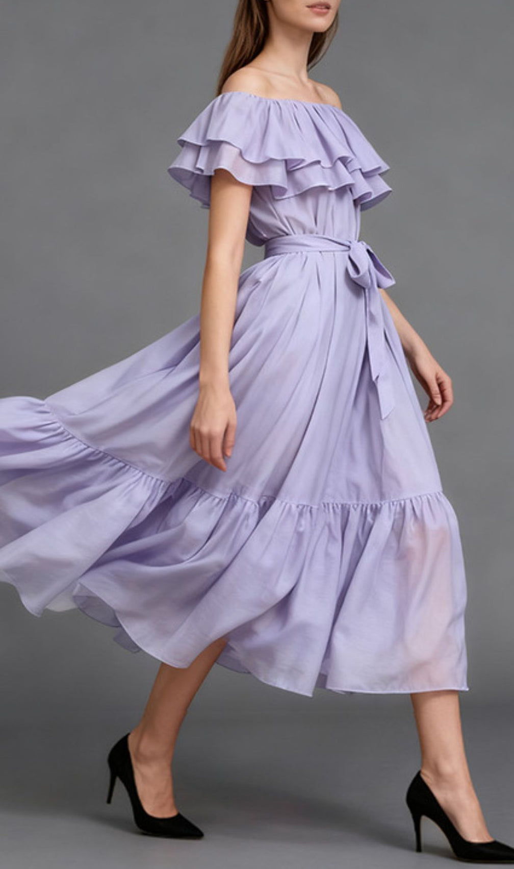 Imala Lavender Ruffled Off-Shoulder Midi Dress
