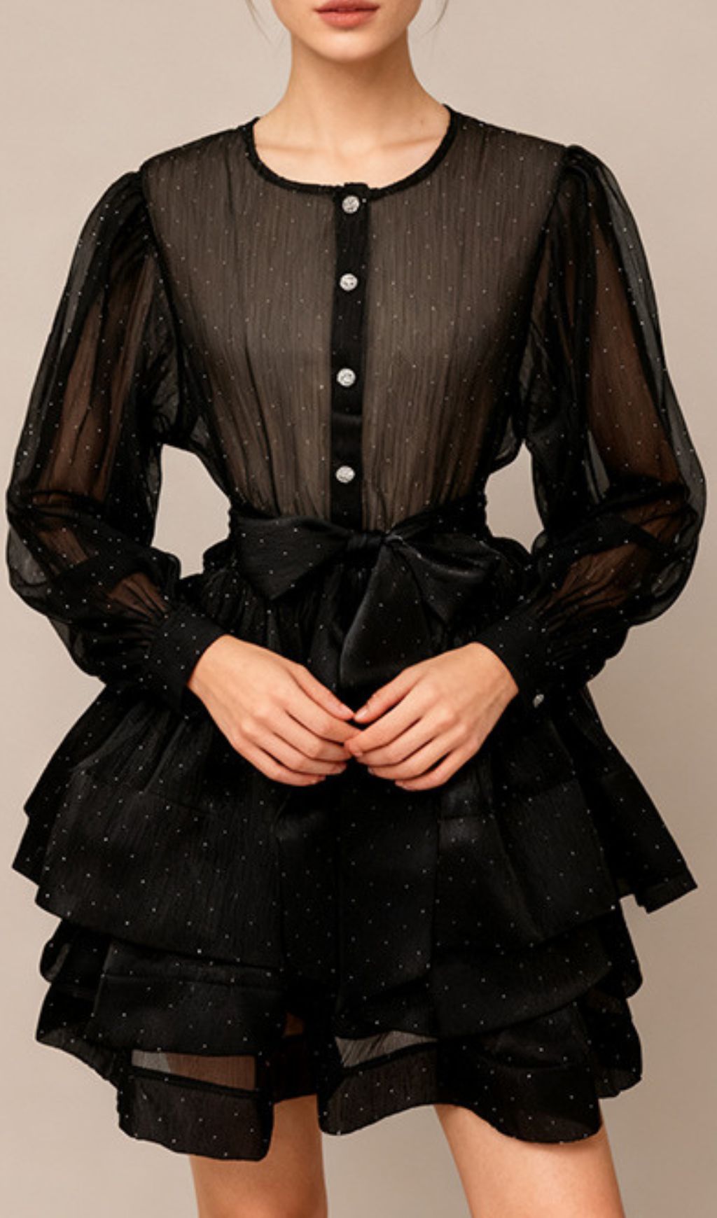 Jezebel Shimmer Tiered Mini Dress with Puff Sleeves