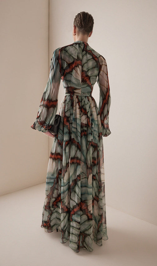 Ethereal Butterfly Print Chiffon Maxi Dress - High Neck & Flowy Sleeves