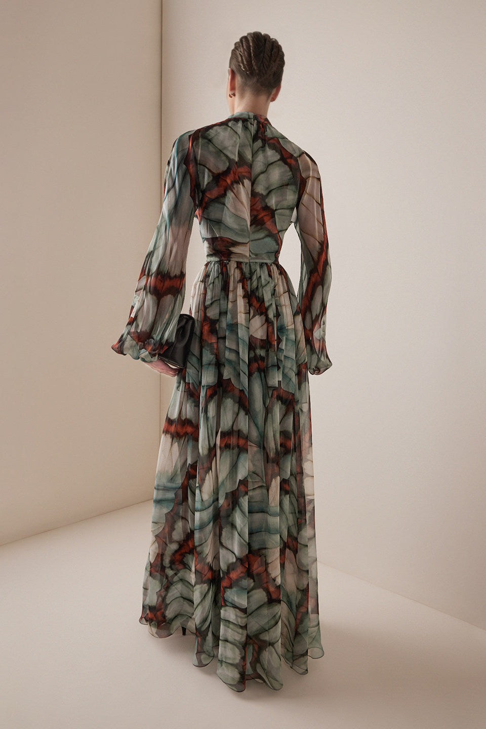 Ethereal Butterfly Print Chiffon Maxi Dress - High Neck & Flowy Sleeves